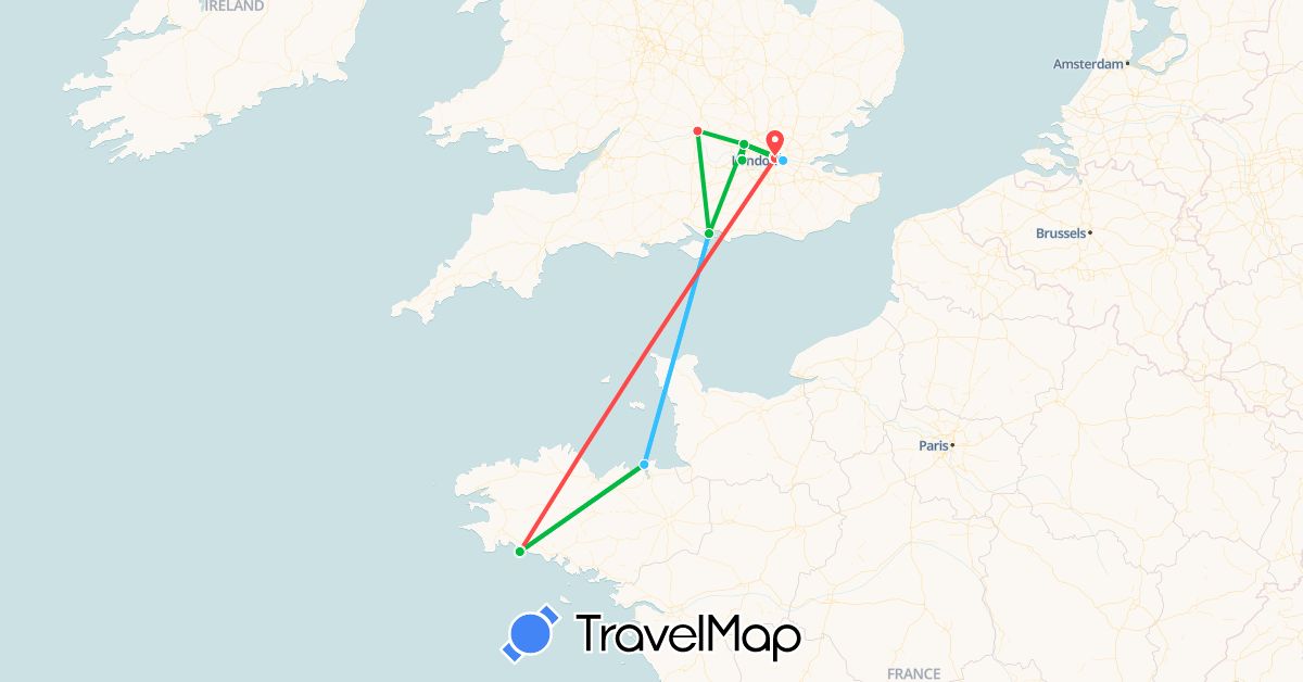 TravelMap itinerary: bus, hiking, boat in France, United Kingdom (Europe)